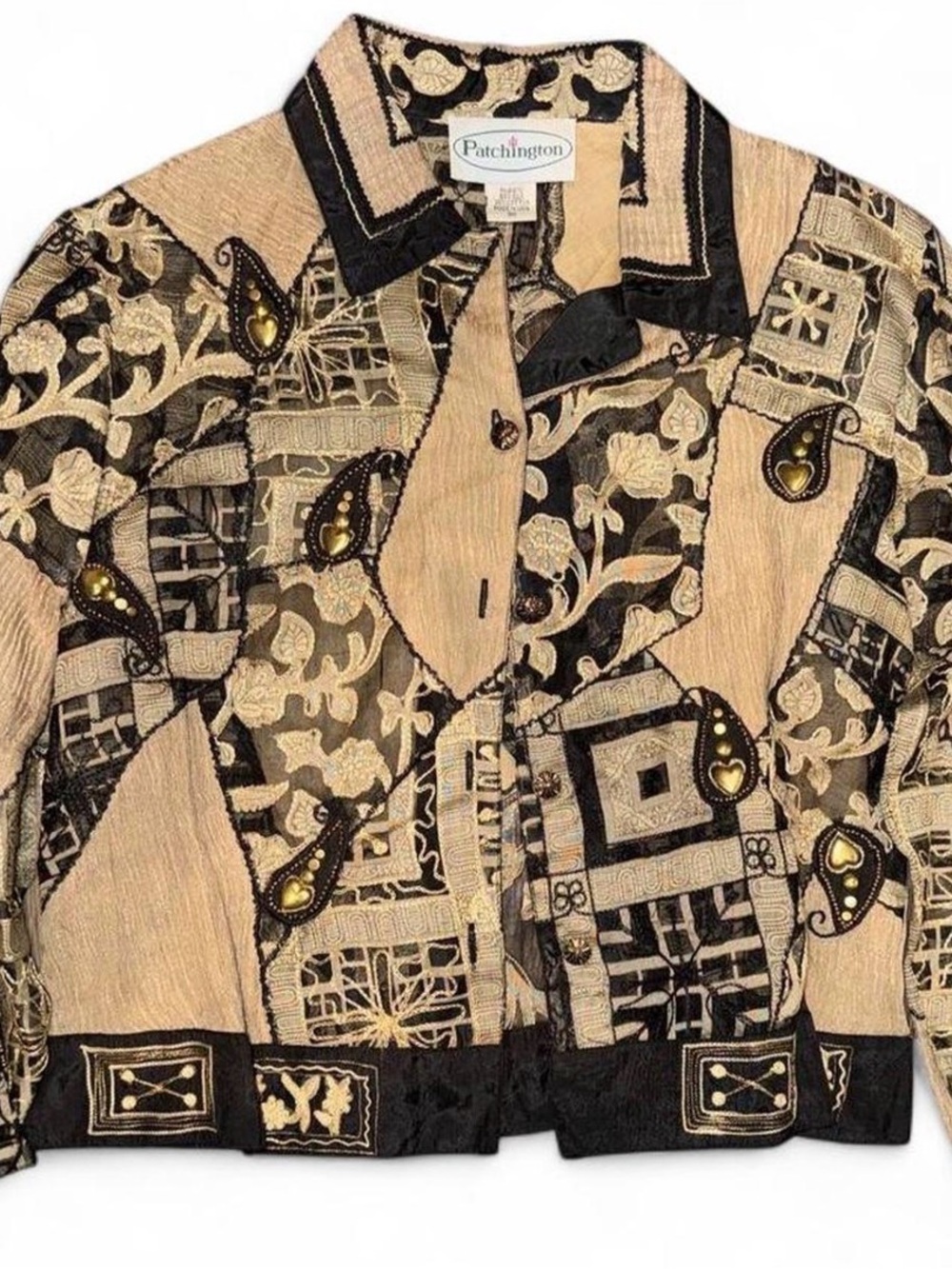 Patchington Womenโs Black and Beige Patterned Button-Up Shirt Jacket